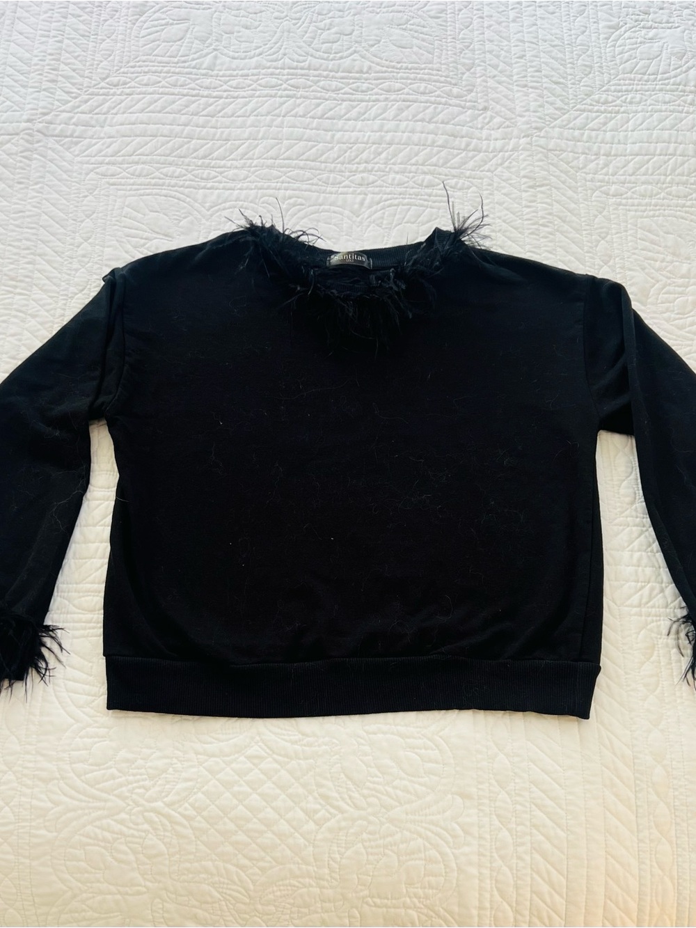Black Feather-Trim Crewneck Sweatshirt Santitas